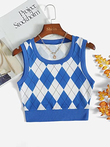 Verdusa Women's Plaid Print Sleeveless Tank Top Round Neck Knit Sweater Vest Blue And White Xs #TOP1