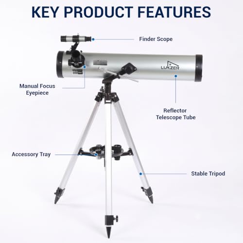 Image of Lukzer Reflector Telescope for Kids & Beginners, Astronomical Telescope for Moon Viewing, Stargazing, Nature Observation & STEM Learning, Manual Focus Portable Telescope (Silver /F70076)