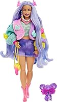 Barbie Doll with Pet Koala, Barbie Extra, Kids Toys, Clothes and Accessories, Wavy Lavender Hair, colourful Butterfly Sweater, Pink Boots