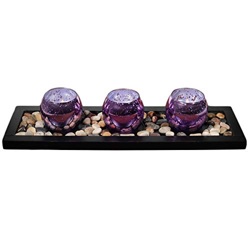 Scented Glass Candles Gift of 3,with Decorative Pebbles Rocks and Wood Tray,Natural Organic