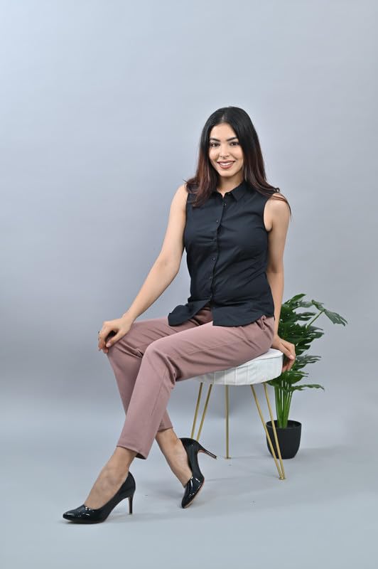 Image of Mlada Straight Fit Cigarette Pencil Pants Elastic Waist Band Mid High Waist Formal Office Trousers for Women, Pockets for Travel Stretch Cotton Knit Full Length Regular /Plus Size
