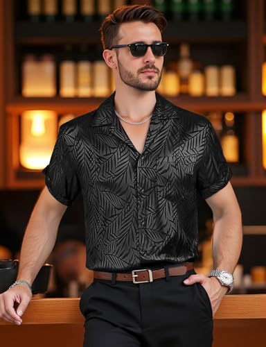 Mens Shiny Satin Silk-Like Designer Shirt Summer Regular Fit Short Sleeve Button Up Floral Shirt with Pocket3