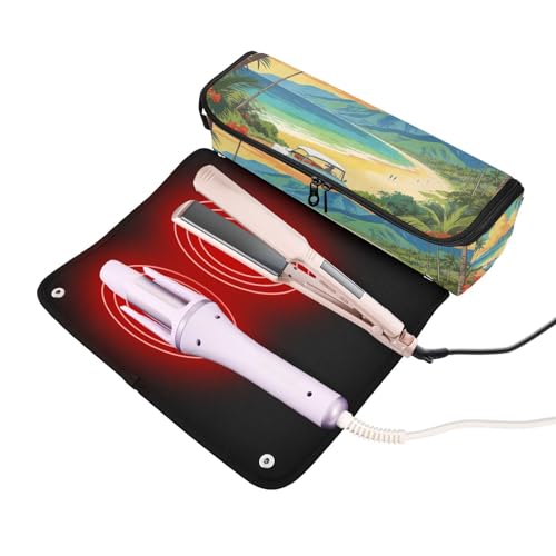 Bolso de viaje para herramientas de cabello con tapete resistente al calor removible, impermeable, portátil para planchas, rizadores y secador de cabello, diseño retro de paisaje costero miniatura 2