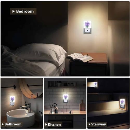 Image of LED Night Light,Delicate Purple Lavender Flowers LED Night Light Plug into Wall with Dusk to Dawn Light Sensor White Energy Efficient Nightlight for Bedroom Bathroom Hallway LivingRoom Kitchen