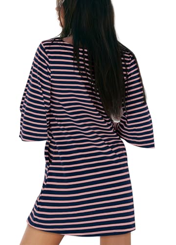 Image of Yousify Women's T Shirt Dress Cotton Summer Dresses 2026 Casual Loose Short Sleeve Striped Mini Dress with Pockets