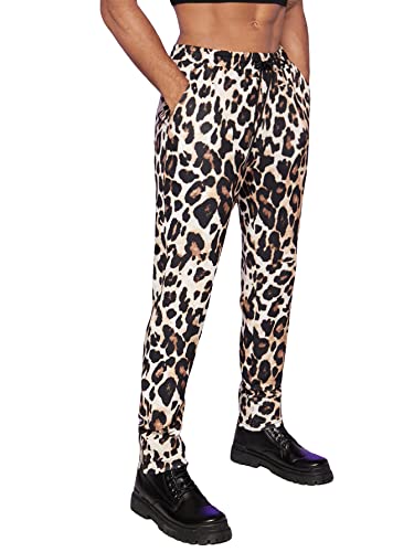 WDIRARA Men's Leopard Print Drawstring High Waist Straight Leg Long Pants with Pockets