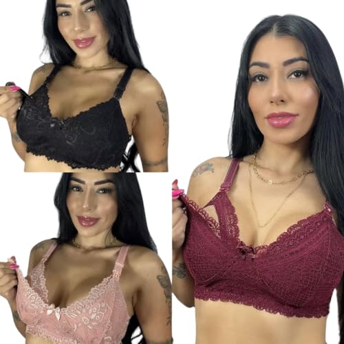 Kit 3 Sutiã Amamentação Reforçado Maternidade Sem Bojo Sutiãn Renda Gestante e Pós Parto Fecho TIC T