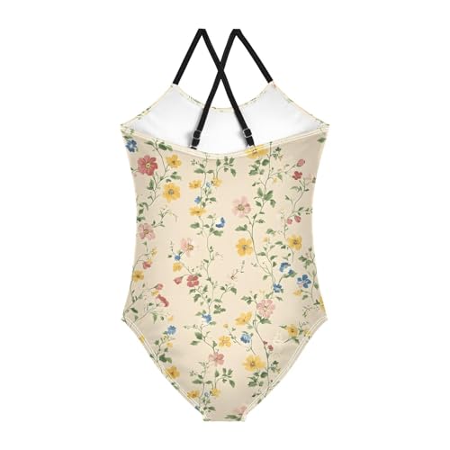 Floral Flowers Beige Girls One Piece Swimsuit Beach Swimwear 208608942