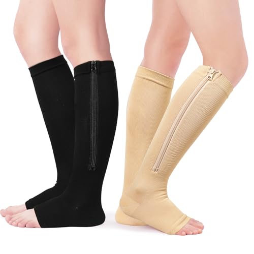 Image of QKURT 2 Pairs Medical Compression Socks, Open Toe Calf Socks Knee High Calf Compression Socks 15-20 mmhg Compression Sports Health Socks with Zipper for Women Men