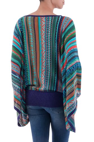 NOVICA Artisan Handmade Striped Kimono Sleeve Sweater Bohemian Knit from Peru in Turquoise Stripes Acrylic 'Lima Dance'3
