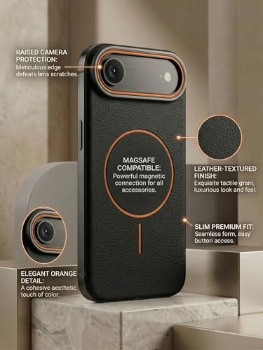 Image of amazon basics Luxury MagSafe Compatible Leather Texture Back Cover for iPhone 17 Air | Raised Camera Protection | Slim Fit Shockproof Case with Metallic Accents (Black)