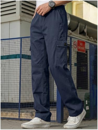 Image of Men's Cargo Pants-100% Premium Cotton Tapered Fit Lightweight Breathable Multi-Pocket Drawstring Utility Casual Trousers