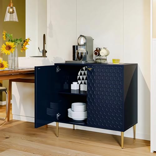 Image of Hexagon Pattern Wooden Sideboard Cabinet | 2 Door Storage Unit with Metal Legs | Premium HDMR Wood Console Cabinet for Living Room, Kitchen & Dining | DIY Leg Assembly | Blue
