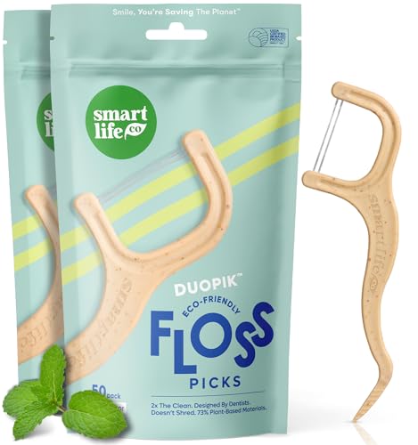 Image of SmartLifeco Eco-Friendly Dual-Thread Dental Floss Picks (100ct) - Flossers Made with Straw Wheat Blend, Superior Anti-Shred for Tight Gaps, Tooth Pick Stick for Adults, Soft on Gum & Teeth, Mint