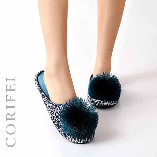 Corifei Ballerina Slippers For Women With Pom-Pom Soft House Shoes Leopard Indoor Slip On With Rubber Sole #TOP1