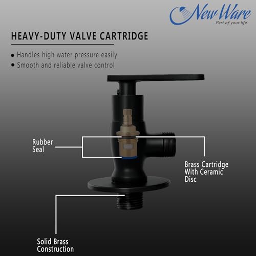 Image of New Ware Matte Black Brass Angle Valve Wall Mount Stop Cock with Flange for Bathroom Kitchen Wash Basin Health Faucet Tap Connector Rust Proof Heavy Duty Plumbing Fittings Premium Durable Design
