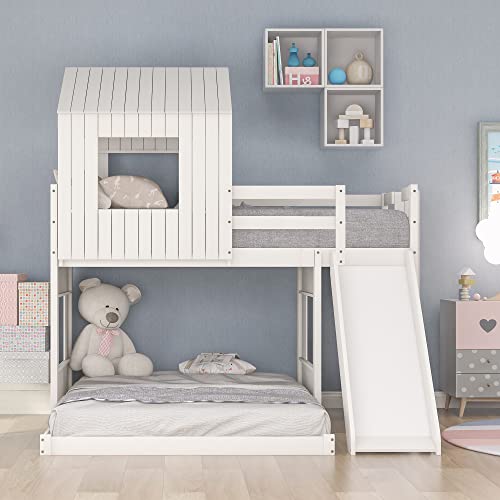 Image of Twin Over Full Bunk Bed Frames Loft Bed with Slide, House Roof, Window and Safety Guardrails for Boys or Girls, White