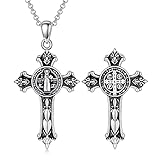 PROESS Father's Day 925 Sterling Silver Saint Cross Benedict Necklace Catholic St Benedict Medals Je