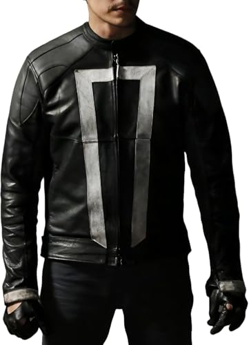 Men's White Stripes Robbie Dark Power Rider Black Motorcycle Agents Biker Shield Movie Leather Jacket