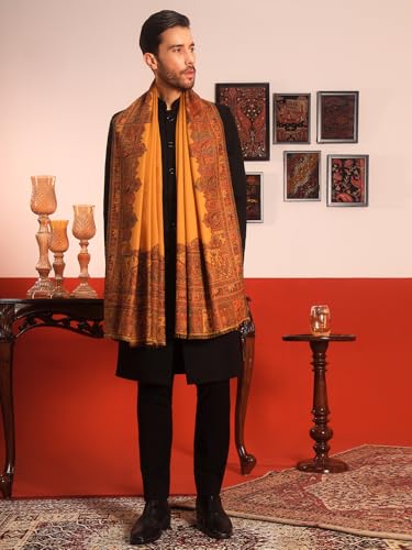 Image of Pashmoda Men Arcadia Borders Jamawar Shawl, Stole and Wrap, Sustainable and Natural Fabric, Heritage Kashmiri Pashmina, Medium Size for Gents, (Size 40x80 Inches)