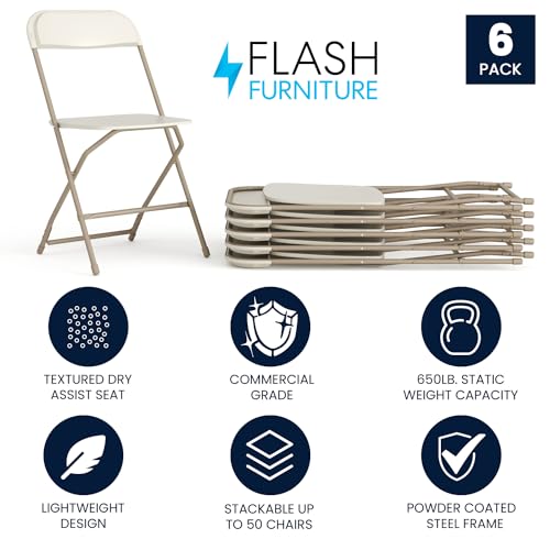 Image of Flash Furniture Hercules Series Plastic Folding Chair - Beige - 6 Pack 650LB Weight Capacity Comfortable Event Chair-Lightweight Folding Chair