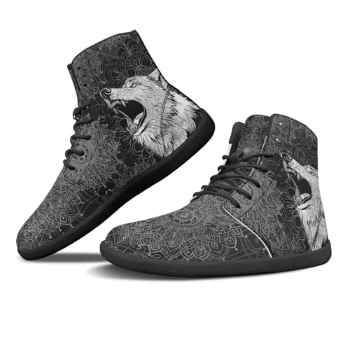 Binienty Men's High-Top Barefoot Shoes Cool Wolf Animal PU Leather Sneakers Outdoor Ankle Boots Anti-Slip Ankle Boots Lace Up Wide Toe Box Walking Flat Boots, US 14