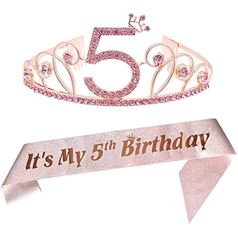 Dgasin 5th Pink Birthday Tiara and Sash Happy 5th Birthday Party Supplies 5th Birthday Pink Satin Sash and Crystal Tiara Princess Birthday Crown Party Kit for Girls Cover