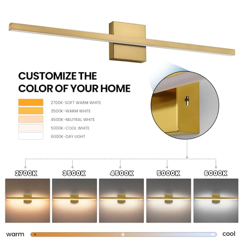 Image of Epinl Gold Bathroom Light Fixtures - 24 inch Brushed Gold Vanity Light for Bathroom Over Mirror Dimmable 5CCT LED Light Bar Modern Lighting Fixture for Bathrooms Bedroom Living Room
