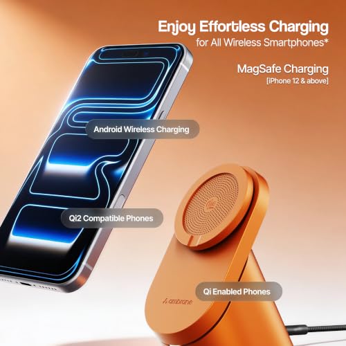 Image of Ambrane 25W Qi2.2 Magsafe Wireless Charger with Stand & Heat Control Mechanism, Perfect for Table, Fast Charge 40% in Just 30 Mins Wirelessly for iPhone 12-17 All Models (AerosynQ 4, Orange)