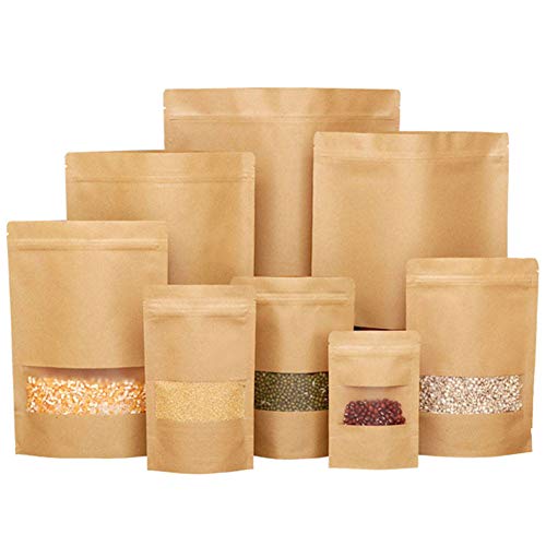 50 pcs Kraft Bags with Window Stand Up Ziplock Seal Paper Bag...