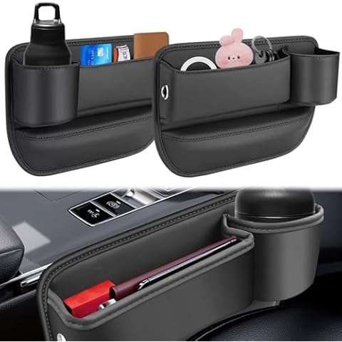 Car Seat Gap Filler Organizer, Leather Car Seat Gap Filler with Cup Holder, Adjustable Car Seat Storage Box for Phones Sunglasses Keys Cards (Black, 2 Pack) Cover
