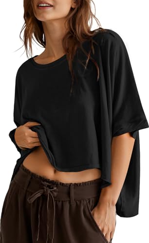 UEU Womens Summer Oversized Tops Casual Loose Crop T Shirts Crewneck Basic Boxy Tee Shirt Trendy Outfits Blouse