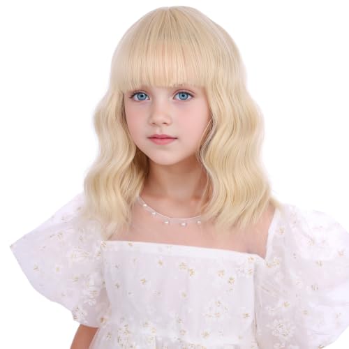 Image of Blonde Wig Short Light Blonde Wavy Curly Wigs with Air Bangs Heat Resistant Synthetic Wigs with Cap (Small Size)