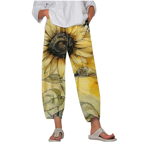 Womens Sunflower Pants Dressy Loose Fitting Pants Casual Cotton Linen Pants Fashion Trendy Pants Going Out Pants