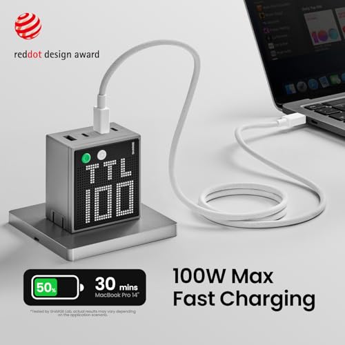 Image of SHARGE Pixel 100 USB C Charger 100W Laptop GaN Charger 4-Port Fast Charging with Dot-Matrix Display PD 3.0, Foldable and Compact for MacBook Air, iPhone 17 /16