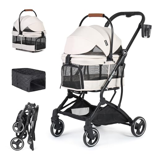 Beberoad Pets T3 Foldable Pet Stroller for Small Dogs & Cats – 3-in-1 Lightweight Design, 180° Canopy & Detachable Carrier (Beige)