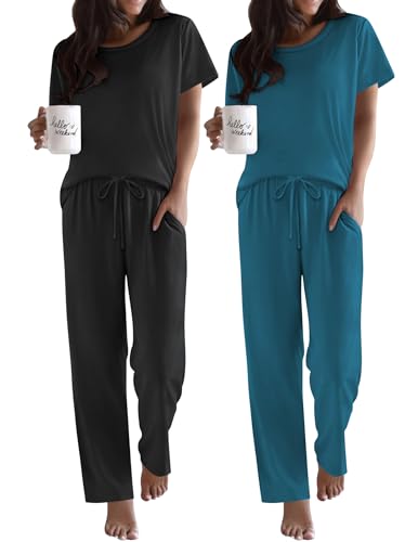 Image of Ekouaer 2 Pack Pajamas for Women Set Short Sleeve Pj Top and Printed Pants | Soft PJs Cozy Printed Lounge Sets Comfy Sleepwear with Pockets
