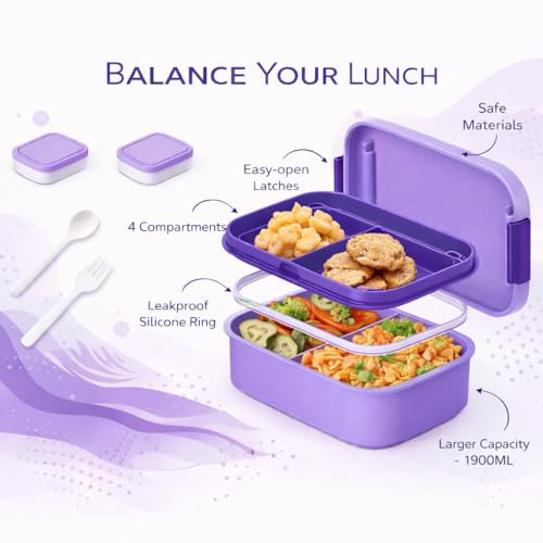 Image of YELONA Lunch Box for Office & Kids 1900ML | Double Layer Leakproof Bento Box with 5 Compartments | Microwave Safe, Built-in Spoon & Fork, BPA Free Tiffin Box - Purple