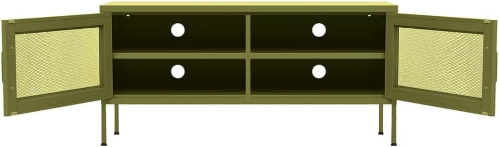 vidaXL Steel TV Stand with Adjustable Levelers, Olive Green, 41.3"x13.8"x19.7", Industrial Cable-Management TV Cabinet with Mesh Doors and Interior Shelve