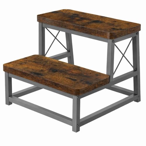 Image of 82984 Heavy Duty Wooden Step Stool for Adults, 2 Tier Heavy Duty Step Stool for High Bed with Non-Slip Feet, Using for Bedroom, Living Room, Bathroom and Kitchen (Grey)