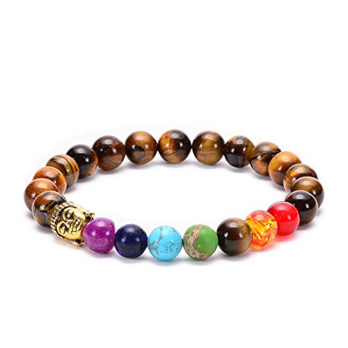 GelConnie 7 Chakra Bracelets Buddha 8mm Natural Tiger Eye Bead Bracelet Elastic Yoga Bracelet Bangle Christmas Gift for Men, Women