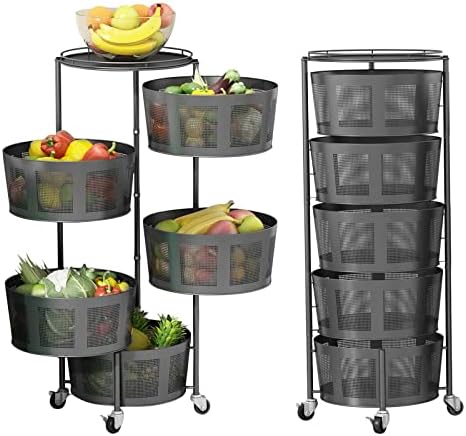 5-Layer Rotating Kitchen Storage Shelf Rack with Wheels Round Fruit Storage Rack with Baskets Vegetable Rack Stand with Antirust Multifunctional Household Storage Shelf Rack for Home Bathroom (Black)