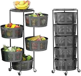 5-Layer Rotating Kitchen Storage Shelf Rack with Wheels Round Fruit Storage Rack with Baskets Vegetable Rack Stand with Antirust Multifunctional Household Storage Shelf Rack for Home Bathroom (Black)