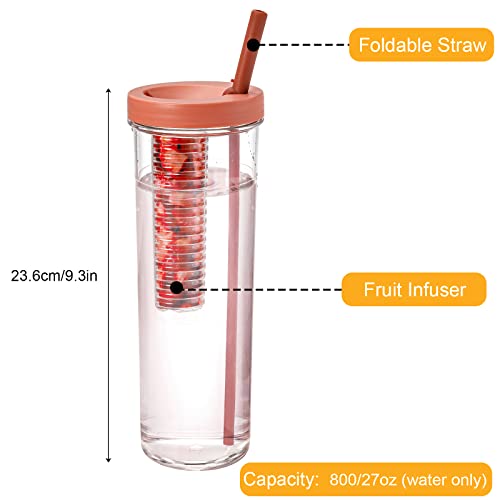 Mezchi 8 Pack Plastic Fruit Infuser Water Bottle, 27 Oz Reusable Skinny Tumblers, 4 Colors Tumbler With Lid And Straw, Green, Grey, White, Pink #TOP1