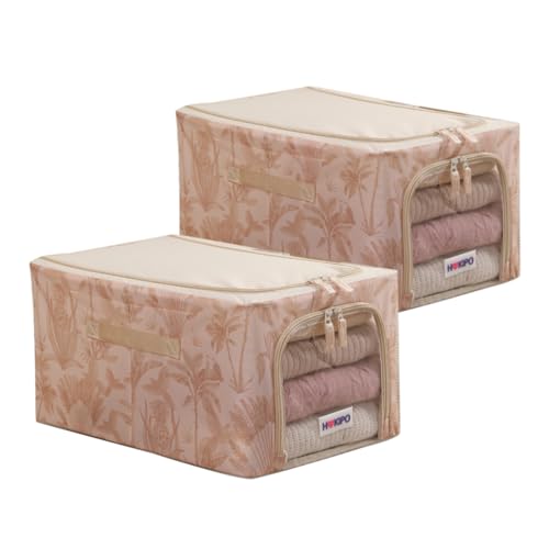 Image of HOKIPO Folding Storage Box and Organiser for Clothes, 600D Oxford Fabric Storage Box, Beige Botanica - Medium Pack of 2 (AR-6488-BGE*2)