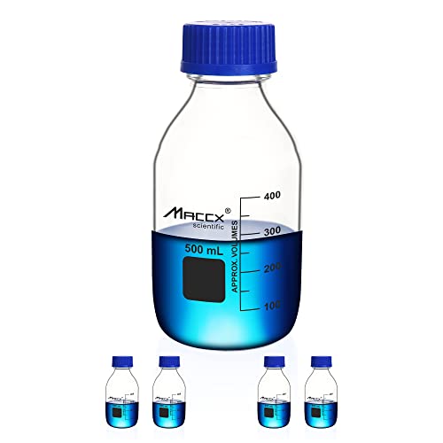 Maccx 17oz (500ml) Glass Round Media Storage Bottles,Pack of 4, Heavy-duty 3.3 Borosilicate Glass Bottle with GL45 Screw Cap, GL45RB500-004