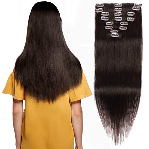 S-noilite Clip in Extensions Human Hair Double Weft 100% Remy Hair Full Head #02 Dark Brown Color Straight Soft Silky Extensions for Women Gift 8pcs 10inch 110g per Package