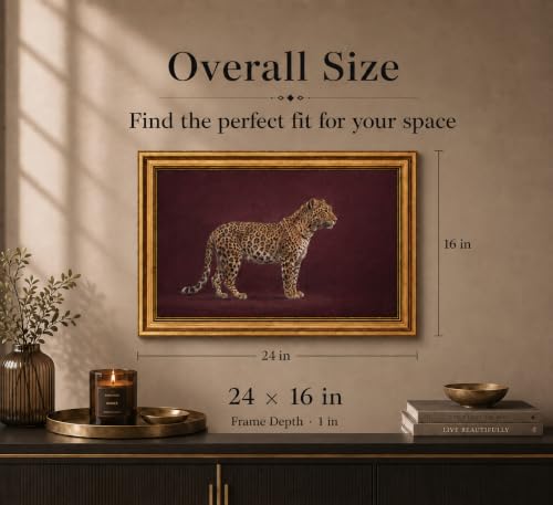 Image of Gold Framed 3D Textured Wall Art, Vintage Burgundy Cheetah Canvas Prints, Minimalist Maroon Wildlife Pictures Decor, Luxury Animal Gallery Artwork for Living Room Bedroom Entryway 24x16inch