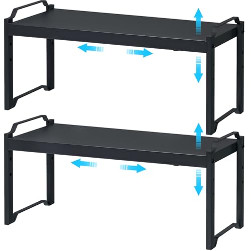 Image of X-cosrack 25.5 Inches 2 Pack Expandable Cabinet Shelves, Stackable Shelf Organizer for Kitchen Cabinet Countertop Storage, Adjustable Counter Cupboard Pantry Organizer Shelf Rack Stand Riser, Black