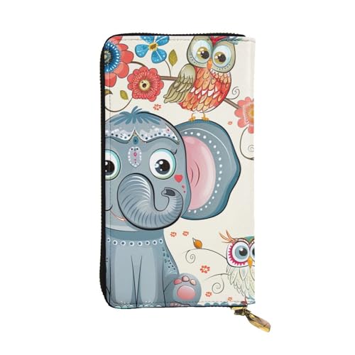 Cartoon Elephant and Owls Floral Printed Long Wallet for Women Men Cute PU Leather Wallet with Coin Purse and Credit Card Holder